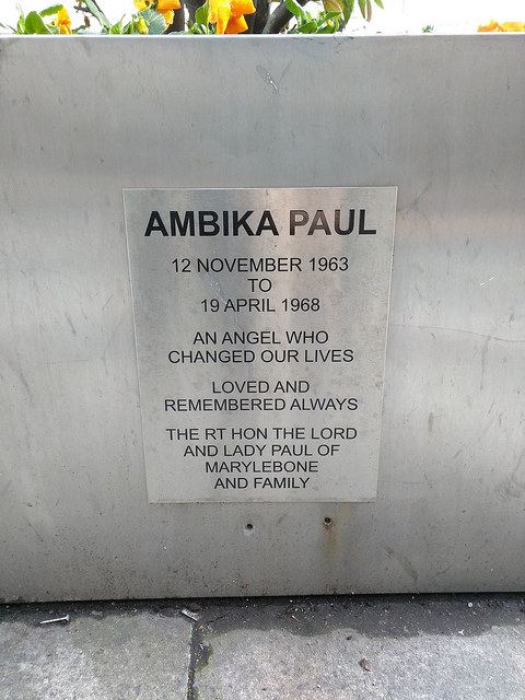 Brushed metal plaque № 42498 - Ambika Paul  12 November 1963 to 19 April 1968  An angel who changed our lives  Loved and remembered always  The RT Hon The Lord and Lady Paul of Marylebone and Family