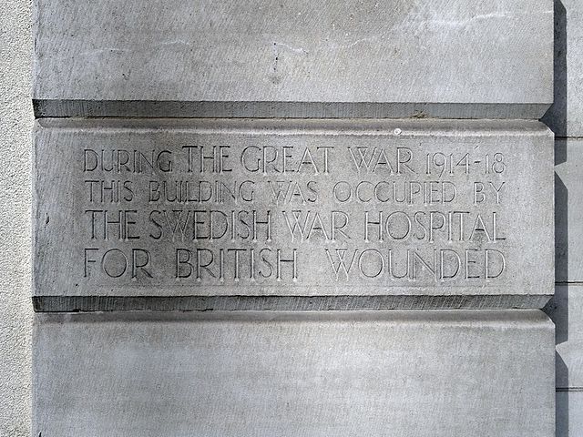 Stone plaque № 42501 - During the Great War, 1914 - 18 this building was occupied by the Swedish war hospital for British wounded.