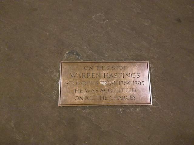 Bronze plaque № 42548 - On this spot Warren Hastings stood his trial 1788-1795 he was acquitted on all the charges