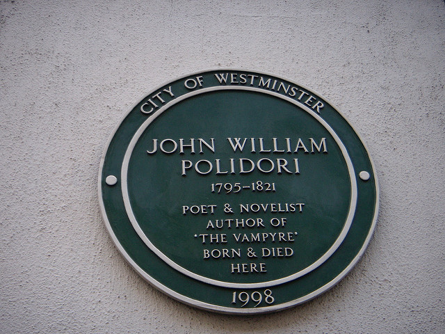 John William Polidori green plaque - John William Polidori 1795-1821 poet and novelist, author of 'The Vampyre' born and died here