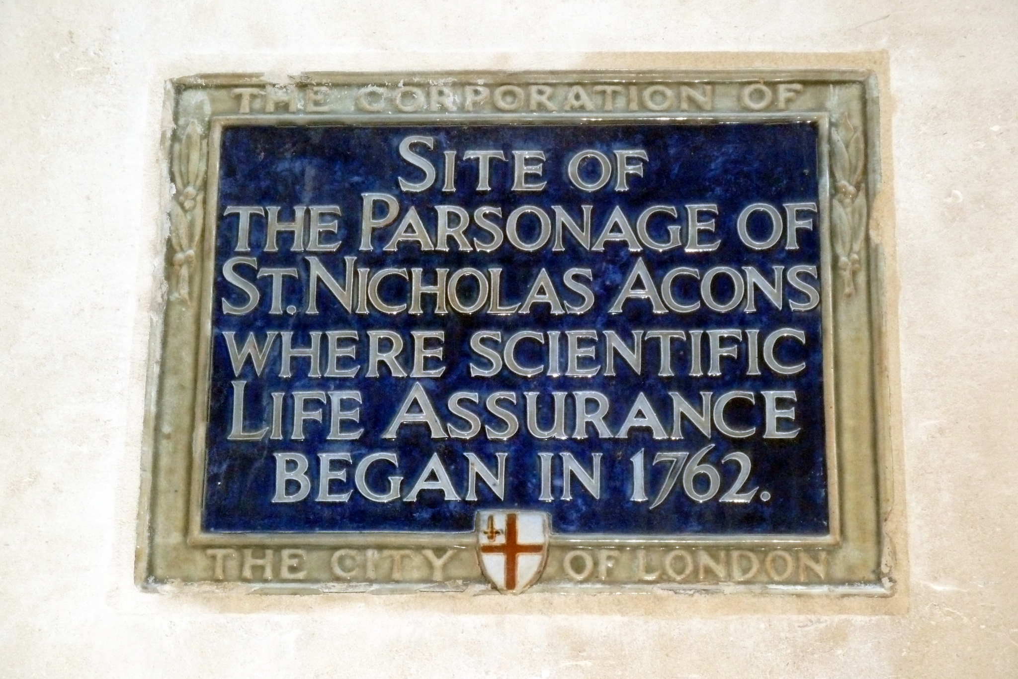 Parsonage of St Nicholas Acons and scientific life assurance blue plaque - Site of the Parsonage of St Nicholas Acons where scientific life assurance began in 1762.