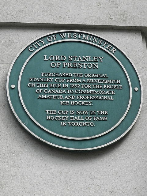 Frederick Stanley green plaque - Lord Stanley of Preston purchased the original Stanley Cup from a silversmith on this site in 1892 for the people of Canada to commemorate amateur and professional ice hockey.  The cup is now in the hockey hall of fame in Toronto.