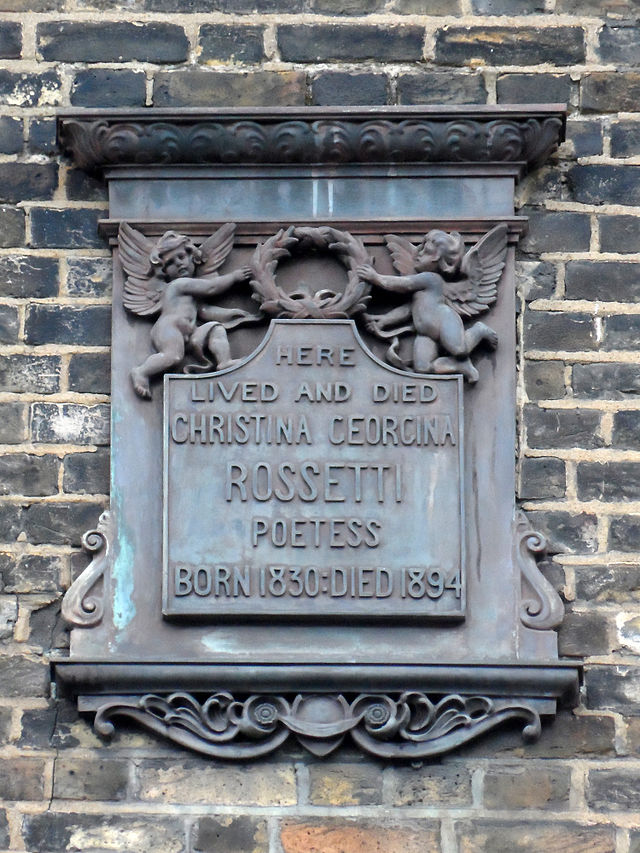 Christina Rossetti bronze plaque - Here lived and died Christina Georgina Rossetti poetess born 1830:died 1894