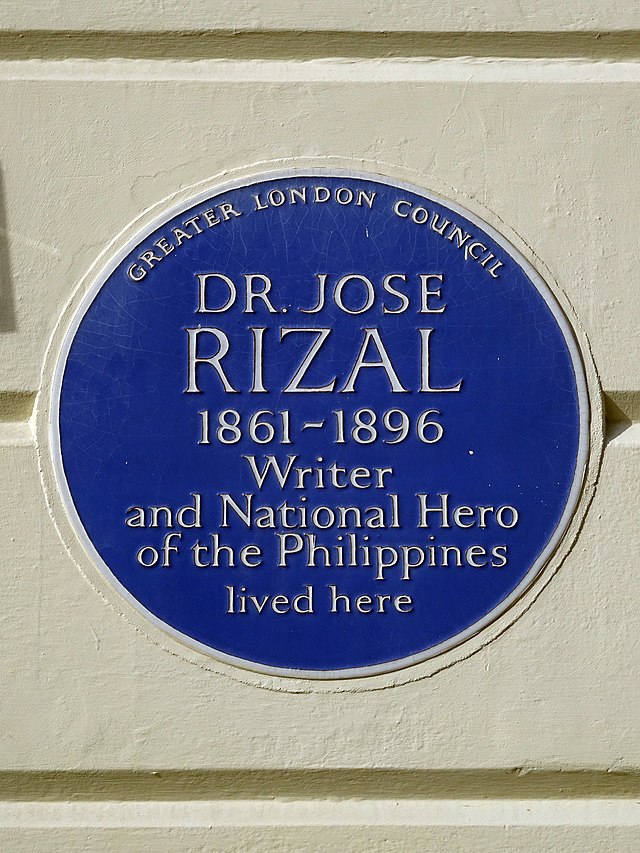 José Rizal blue plaque - Dr José Rizal 1861-1896 writer and national hero of the Philippines lived here