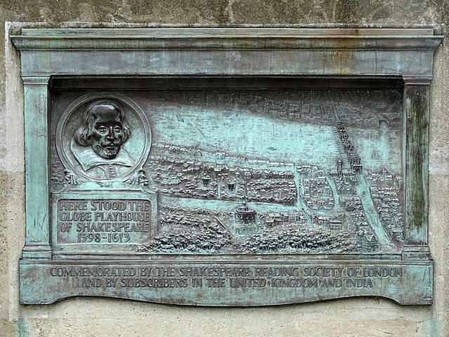 William Shakespeare black plaque - Here stood the Globe Playhouse of Shakespeare 1598 - 1613
