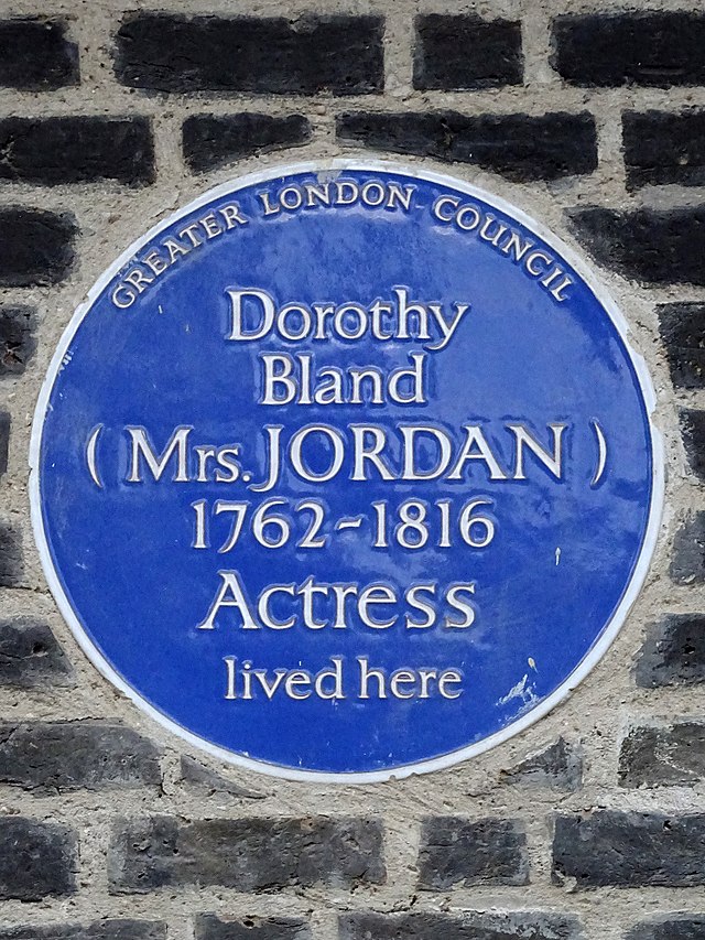 Dorothea Jordan blue plaque - Dorothy Bland (Mrs Jordan) 1762-1816 Actress lived here