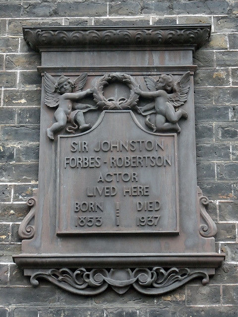 Johnston Forbes-Robertson black plaque - Sir Johnston Forbes-Robertson actor lived here. Born 1853, died 1937