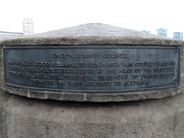 Grey plaque № 9196 - Near this site stood Millbank Prison, which was opened in 1816 and closed in 1880. This buttress stood at the head of the rivers steps from which, until 1857, prisoners sentenced to transportation embarked on their journey to Australia.