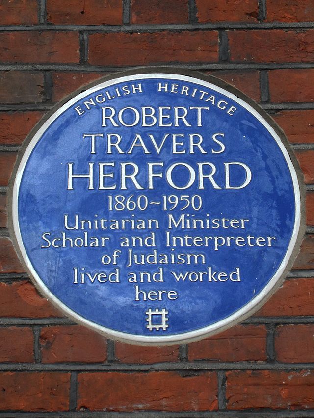 R. Travers Herford blue plaque - Robert Travers Herford 1860-1950 Unitarian Minister, scholar, and interpreter of Judaism, lived and worked here.
