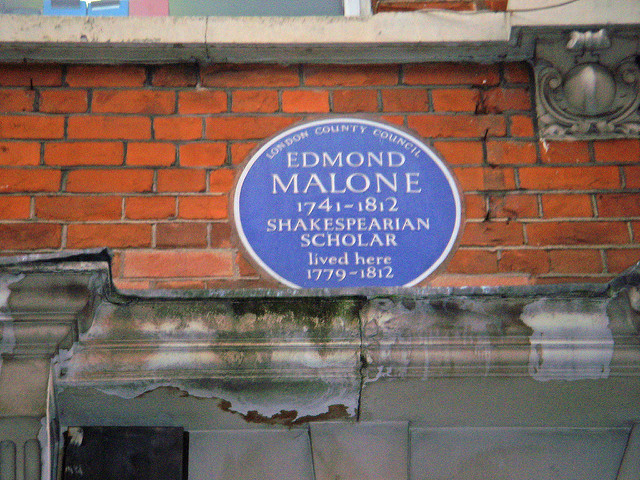 Edmond Malone blue plaque - Edmond Malone 1741-1812 Shakespearian scholar lived here 1779-1812