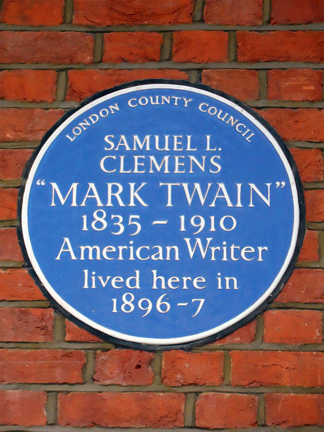 Mark Twain blue plaque - Samuel L. Clemens, 'Mark Twain' 1835-1910 American writer lived here in 1896-7