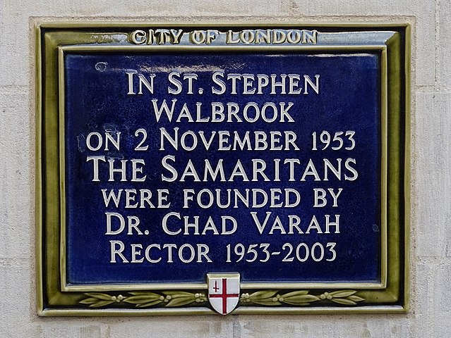 Chad Varah and The Samaritans blue plaque - In St. Stephen Walbrook on 2 November 1953 The Samaritans were founded by Dr. Chad Varah rector 1953-2003