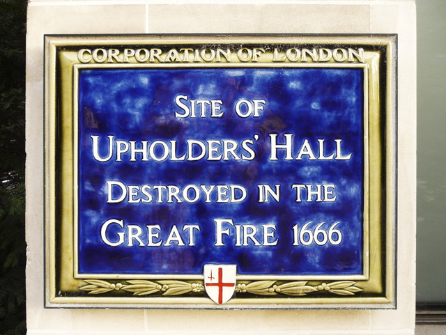 Upholders' Hall blue plaque - Site of Upholders' Hall destroyed in the Great Fire 1666