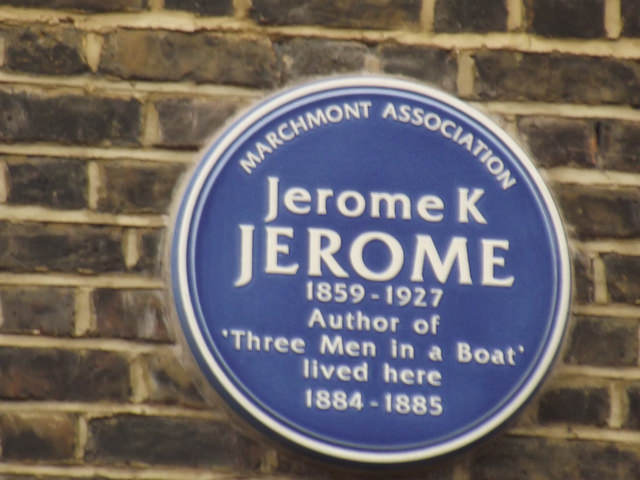 Jerome K. Jerome blue plaque - Jerome K Jerome  1859-1927  Author of 'Three Men in a Boat'  lived here 1884-1885