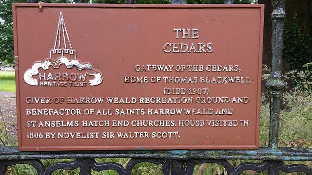 Walter Scott and Thomas Blackwell terracotta plaque - The Cedars. Gateway of The Cedars, home of Thomas Blackwell (died 1907) giver of Harrow Weald Recreation Ground and benefactor of All Saints Harrow Weald and St Anselms Hatch End Churches. House visited in 1806 by Novelist Sir Walter Scott.
