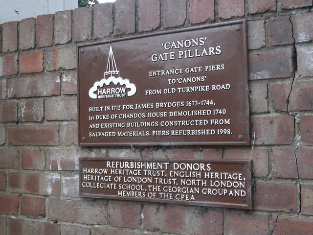 James Brydges brown plaque - 'Canons' gate pillars  Entrance gate piers to 'Canons' from Old Turnpike Road  Built in 1712 for James Brydges 1673-1744, 1st Duke of Chandos. House demolished 1740 and existing buildings constructed from salvaged materials. Piers refurbished 1998.