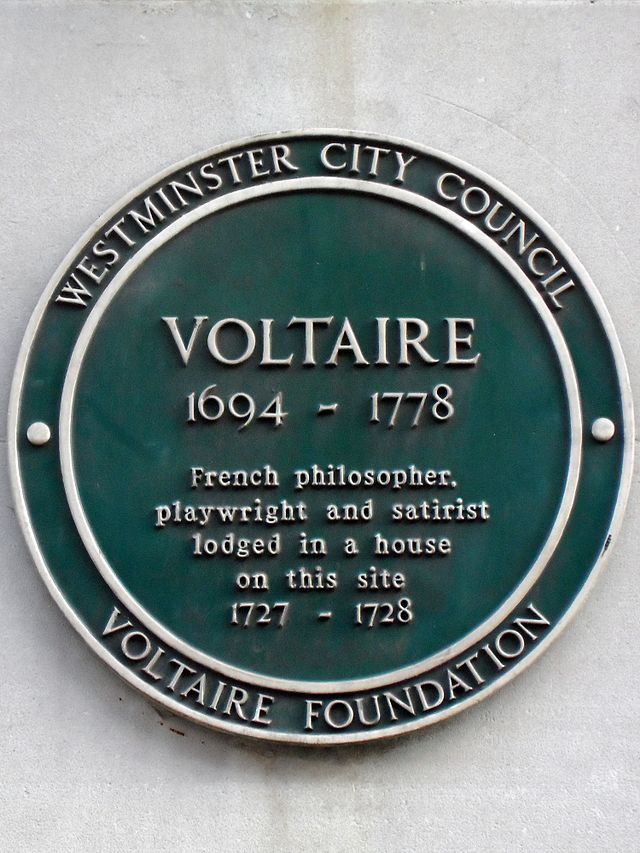 Voltaire green plaque - Voltaire 1694-1778 French philosopher and satirist lodged in a house on this site 1727-1728