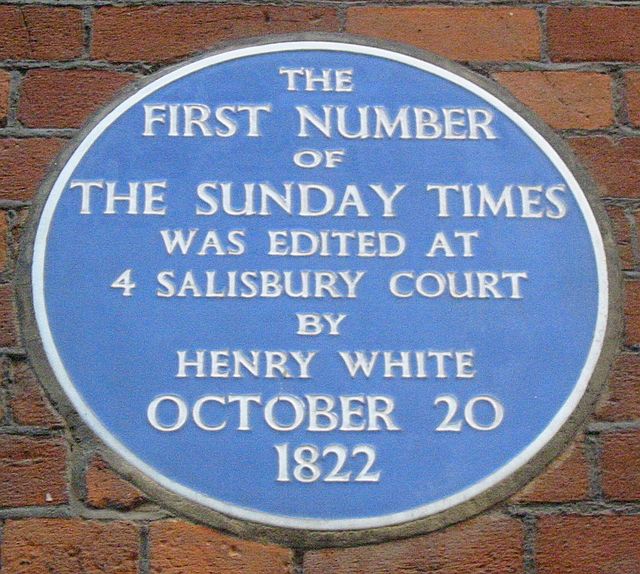 The Sunday Times and Henry White blue plaque - The first number of The Sunday Times was edited at 4 Salisbury Court by Henry White October 20 1822