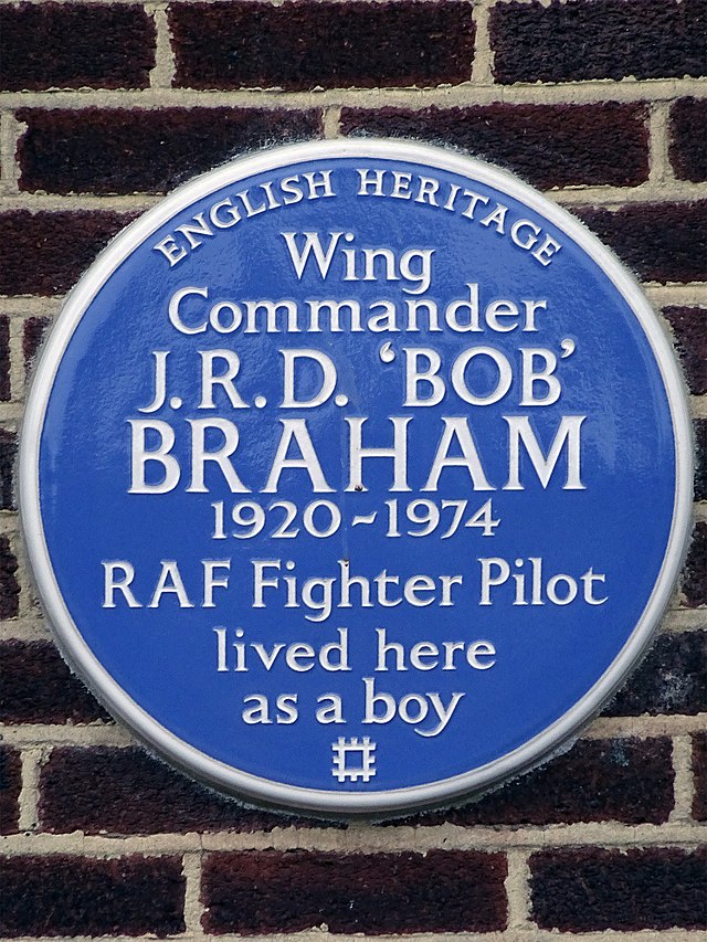 J. R. D. Braham blue plaque - Wing Commander J. R. D. 'Bob' Braham 1920-1974 RAF Fighter Pilot lived here as a boy