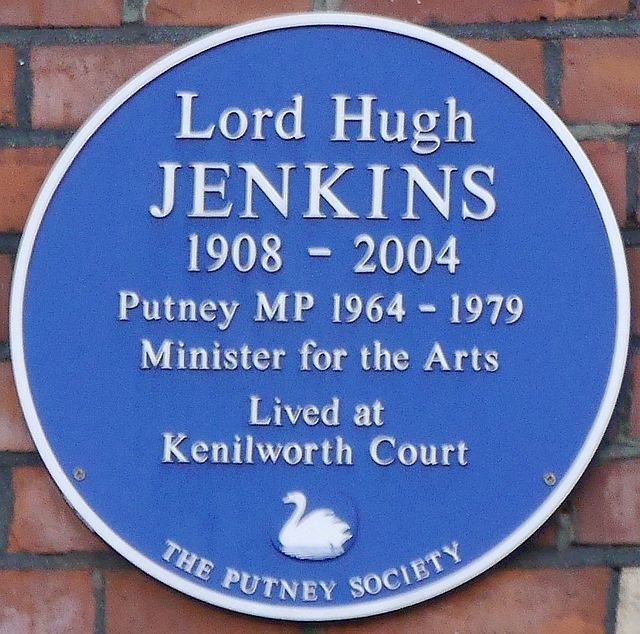 Hugh Jenkins blue plaque - Lord Hugh Jenkins 1908-2004 Putney MP 1964-1979 Minister for the Arts lived at Kenilworth Court