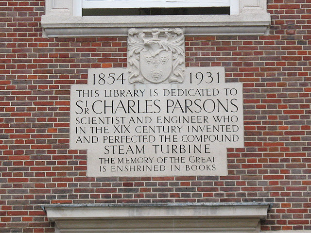 Charles Algernon Parsons stone plaque - 1855 - 1931 This Library is dedicated to Sir Charles Parsons scientist and engineer who in the XIX century invented and perfected the compound steam turbine  The memory of the great is enshrined in books