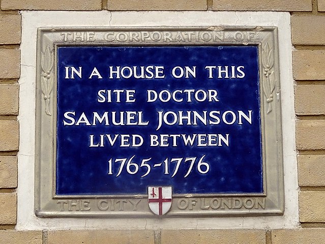 Samuel Johnson blue plaque - In a house on this site Doctor Samuel Johnson lived between 1765-1776