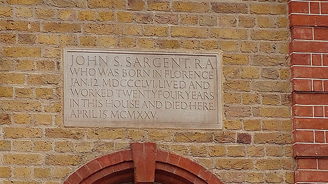 John Singer Sargent stone plaque - John S. Sargent R.A. who was born in Florence Jan 12 MDCCCLVI lived and worked twentyfour years in this house and died here April 15 MCMXXV