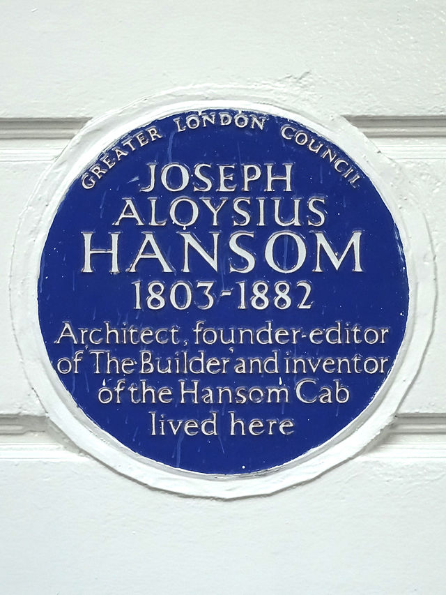 Joseph Hansom blue plaque - Joseph Aloysius Hansom 1803-1882 architect, founder editor of 'The Builder' and inventor of the Hansom Cab lived here