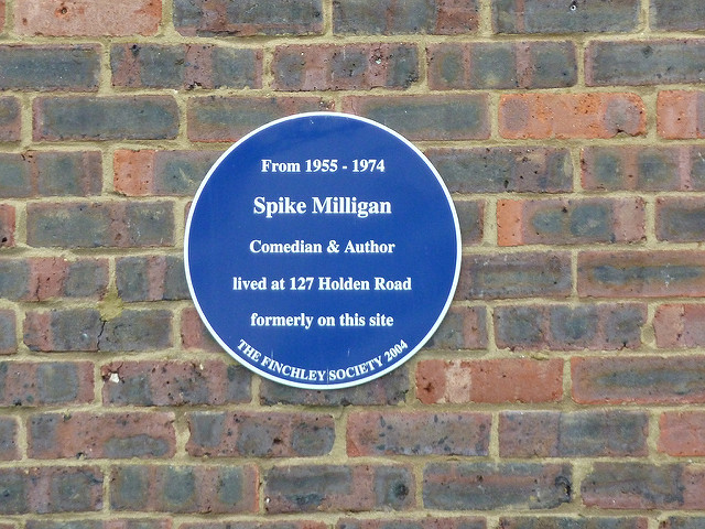 Spike Milligan blue plaque - From 1955-1974 Spike Milligan, comedian & author, lived at 127 Holden Road formerly on this site