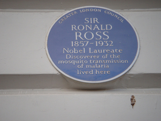 Ronald Ross blue plaque - Sir Ronald Ross 1857-1932 Nobel laureate and discoverer of the mosquito transmission of malaria lived here