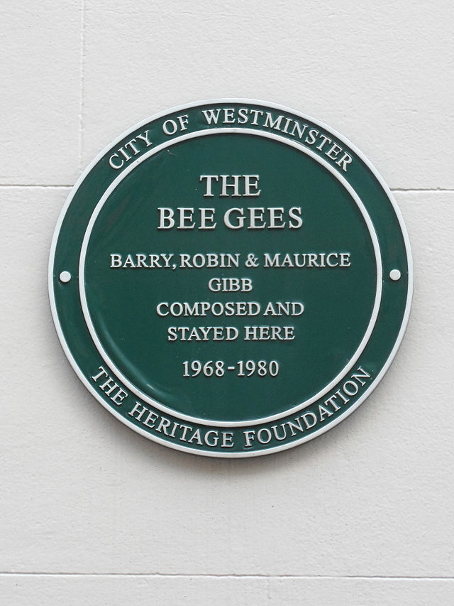 The Bee Gees, Barry Gibb, Robin Gibb, and Maurice Gibb green plaque - The Bee Gees. Barry Gibb, Robin Gibb & Maurice Gibb composed and stayed here 1968-1980