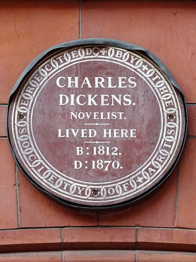 Charles Dickens brown plaque - Charles Dickens novelist lived here B: 1812. D: 1870