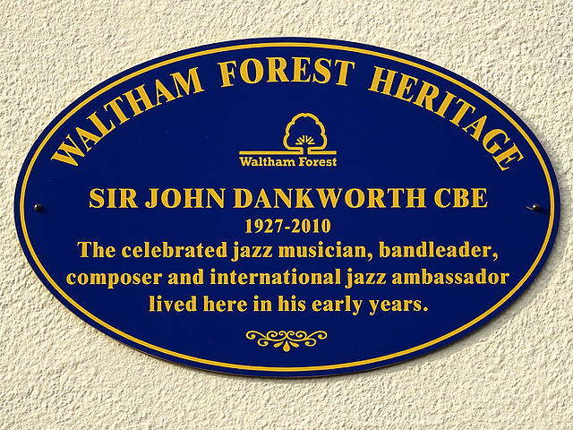 John Dankworth blue plaque - Sir John Dankworth CBE 1927-2010 the celebrated jazz composer, saxophinist and clarinetist 