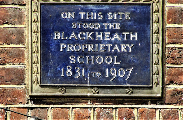 Blackheath Proprietary School blue plaque - On this site stood the Blackheath Proprietary School 1831 to 1907