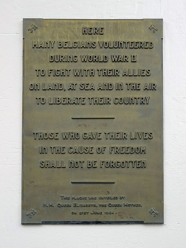 Brushed metal plaque № 9171 - Here many Belgians volunteered during World War II to fight with their allies on land at sea and in the air to liberate their country. Those who gave their lives in the cause of freedom shall not be forgotten.