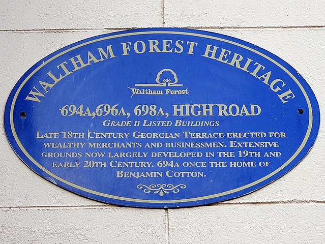 Benjamin Cotton blue plaque - Late 18th century Georgian terrace erected for wealthy merchants and businessmen. Extensive grounds now largely developed in the 19th and early 20th century. 694a once the home of Benjamin Cotton