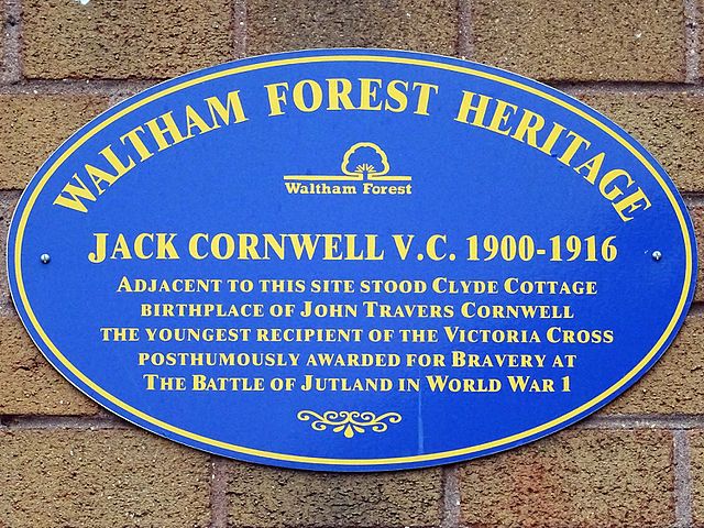 John Travers Cornwell blue plaque - Jack Cornwell V.C. 1900-1916. Adjacent to this site stood Clyde Cottage birthplace of John Travers Cornwell the youngest recipient of the Victoria Cross posthumously awarded for bravery at the Battle of Jutland in World War I