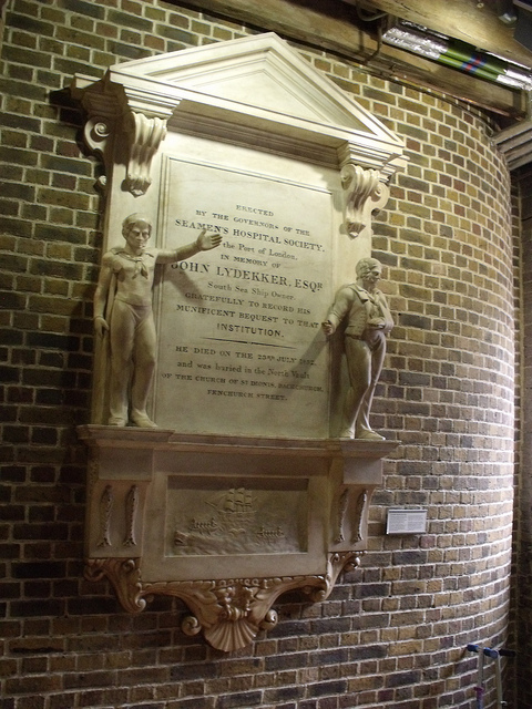 John Lydekker marble plaque - Erected  by the Governor of the   Seamen's Hospital Society,  the Port of London.  In memory of  John Lydekker, Esq.r  South Sea Ship Owner.  Gratefully to record his  munificent bequest to that  institution.  He died on the 23rd July 1832,  and was burried in the North Vault  of the Church of St Dionis, Backchurch,  Fenchurch Street.