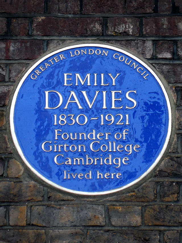 Emily Davies blue plaque - Emily Davies 1830-1921 founder of Girton College, Cambridge lived here