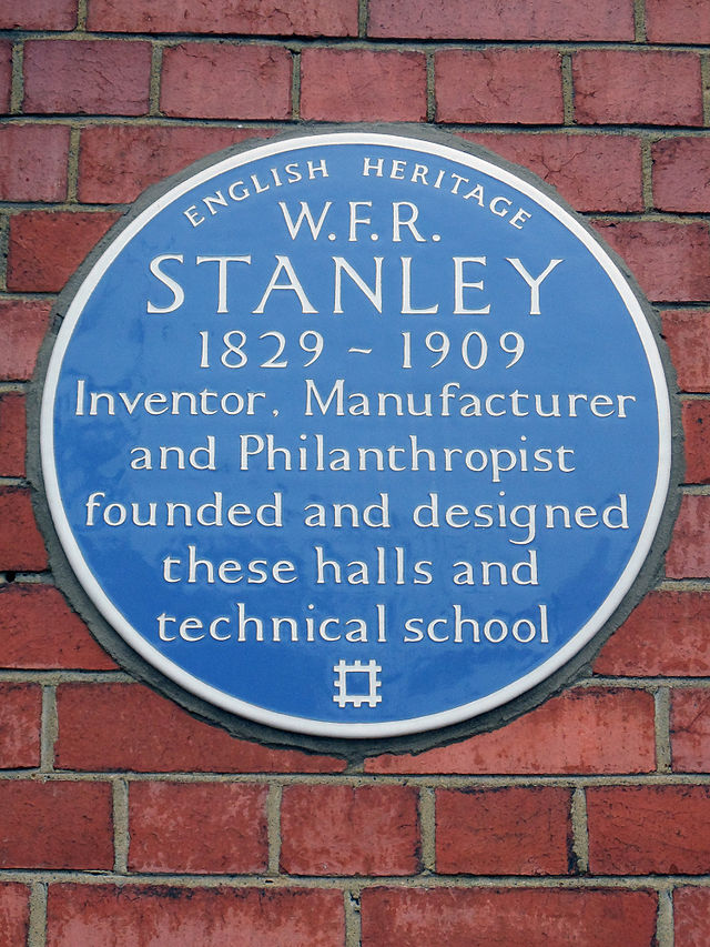 William Stanley blue plaque - W. F. R. Stanley 1829-1909 inventor, manufacturer and philanthropist, founded and designed these halls and technical school