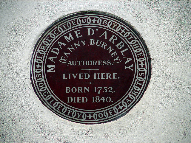 Frances Burney brown plaque - Madame D’Arblay (Fanny Burney) authoress lived here. born 1752 died 1840