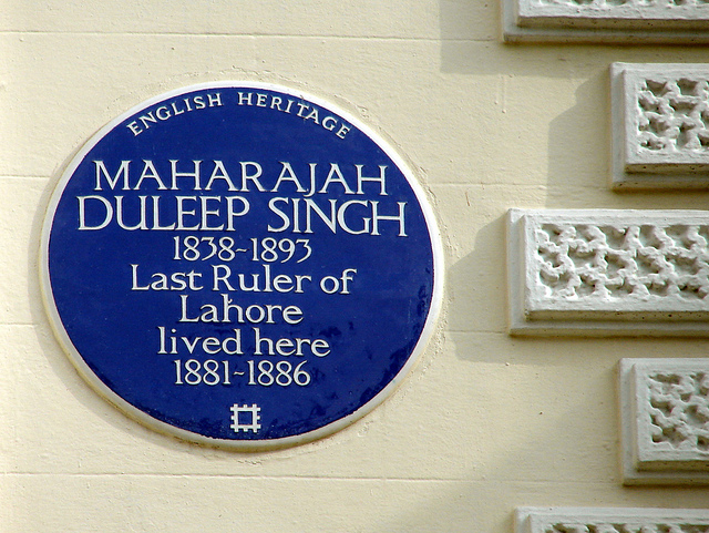Duleep Singh blue plaque - Maharajah Duleep Singh 1838-1893 last ruler of Lahore lived here 1881-1886