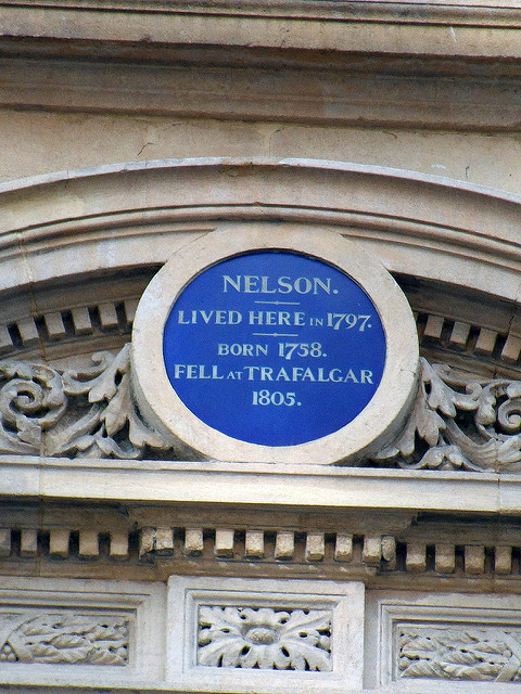 Horatio Nelson blue plaque - Horatio Nelson lived here in 1797. Born 1758, fell at Trafalgar 1805.