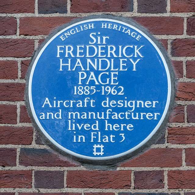 Frederick Handley Page blue plaque - Sir Frederick Handley Page 1885-1962 aircraft designer and manufacturer lived here in Flat 3