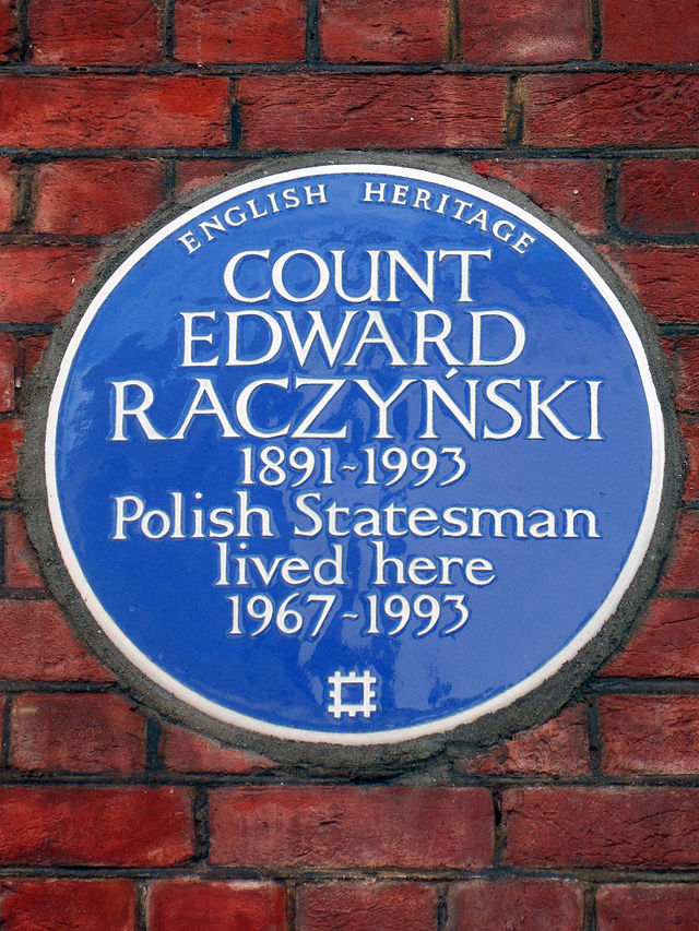 Edward Raczyñski blue plaque - Count Edward Raczyñski 1891-1993 Polish statesman lived here 1967-1993
