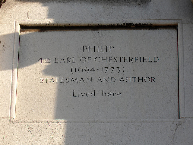 Philip Stanhope stone plaque - Philip Stanhope 4th Earl of Chesterfield (1694-1774) statesman and author lived here