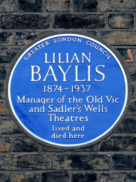 Lilian Baylis blue plaque - Lilian Baylis 1874-1937 manager of the Old Vic and Sadlers Wells Theatres lived and died here