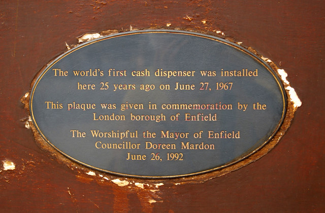 Grey plaque № 2937 - The world's first cash dispenser was installed  here 25 years ago on June 27, 1967