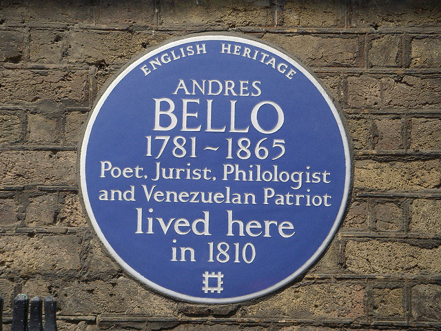 Andrés Bello blue plaque - Andres Bello 1781-1865 poet, jurist, philologist and Venezuelan patriot lived here in 1810