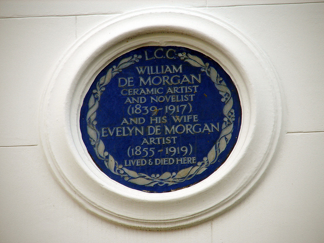 William De Morgan and Evelyn De Morgan blue plaque - William De Morgan ceramic artist and novelist (1839-1917) and his wife Evelyn De Morgan artist (1855-1919) lived and died here